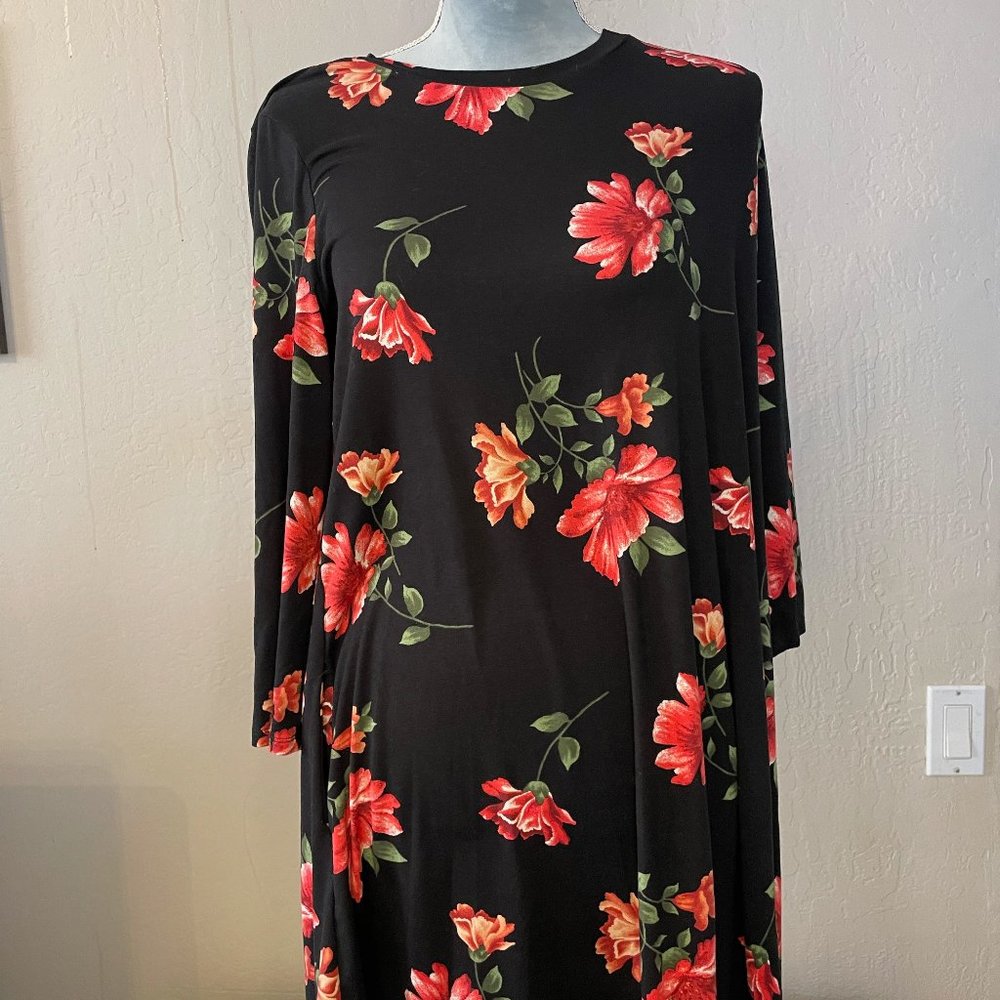Womens Dress Black with Red Roses 3/4 Sleeve Size XL